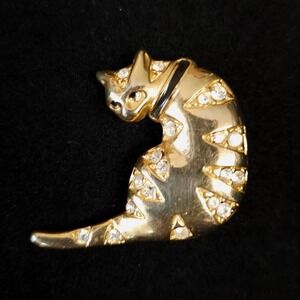 Vintage Danecraft Cat Brooch Gold Tone Rhinestone Kitty Pin Animal Figural Gift